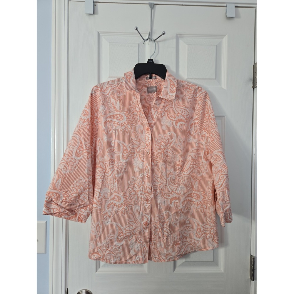 CHICO'S Peach & White 3/4 Sleeve Button Front Shirt Top Size Medium